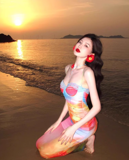 Dopamine Brightening Mesh Overlay Maxi Dress Chic Tie-Dye Ombre Coastal Shoots Mermaid Long Dress AP1387