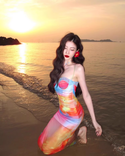 Dopamine Brightening Mesh Overlay Maxi Dress Chic Tie-Dye Ombre Coastal Shoots Mermaid Long Dress AP1387