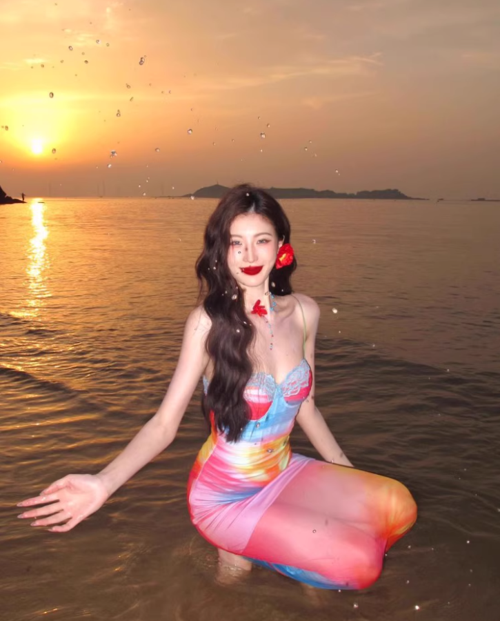 Dopamine Brightening Mesh Overlay Maxi Dress Chic Tie-Dye Ombre Coastal Shoots Mermaid Long Dress AP1387