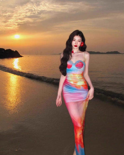 Dopamine Brightening Mesh Overlay Maxi Dress Chic Tie-Dye Ombre Coastal Shoots Mermaid Long Dress AP1387