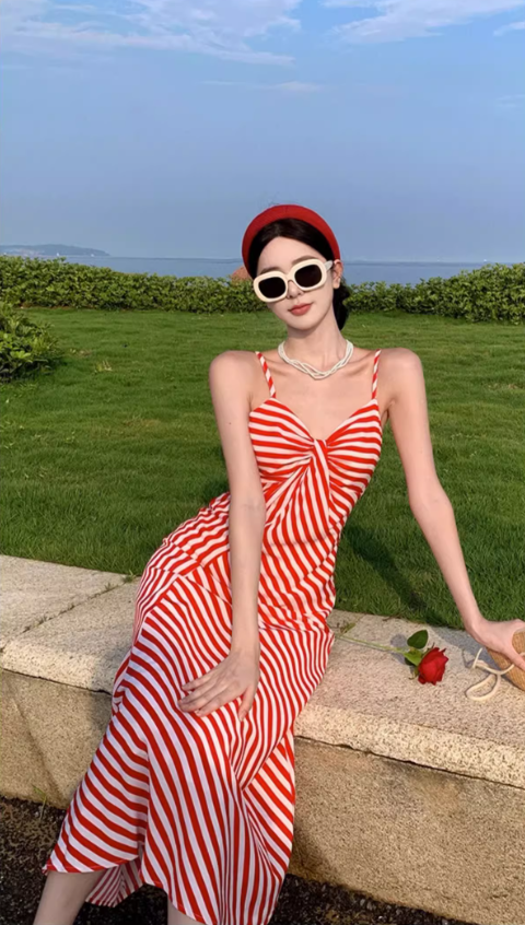 Dopamine Red & White Striped Brightening Maxi Dress Charming Twist Front Coastal Shoots Long Dress AP1388