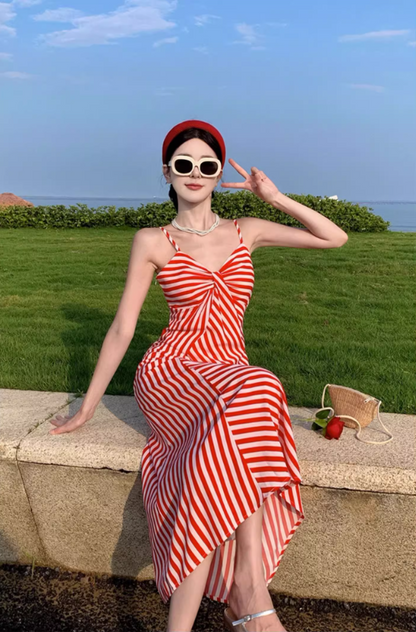 Dopamine Red & White Striped Brightening Maxi Dress Charming Twist Front Coastal Shoots Long Dress AP1388