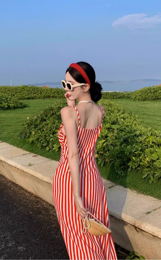 Dopamine Red & White Striped Brightening Maxi Dress Charming Twist Front Coastal Shoots Long Dress AP1388