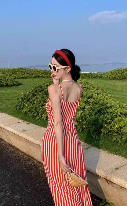 Dopamine Red & White Striped Brightening Maxi Dress Charming Twist Front Coastal Shoots Long Dress AP1388
