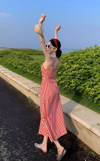 Dopamine Red & White Striped Brightening Maxi Dress Charming Twist Front Coastal Shoots Long Dress AP1388