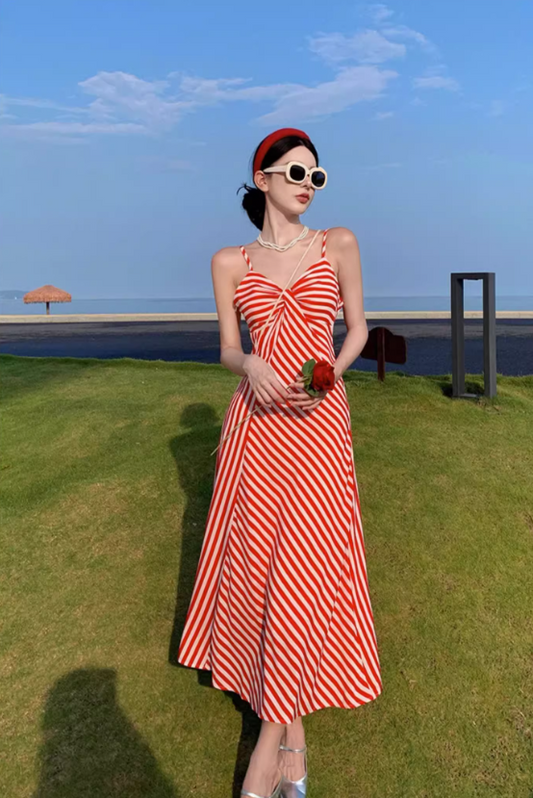 Dopamine Red & White Striped Brightening Maxi Dress Charming Twist Front Coastal Shoots Long Dress AP1388