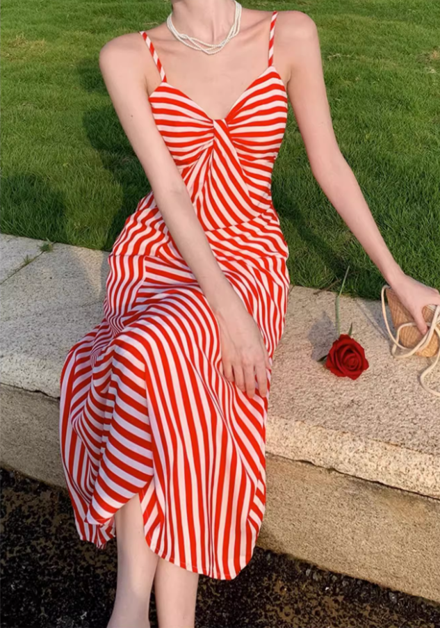 Dopamine Red & White Striped Brightening Maxi Dress Charming Twist Front Coastal Shoots Long Dress AP1388