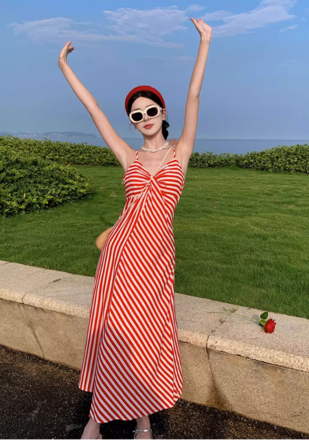 Dopamine Red & White Striped Brightening Maxi Dress Charming Twist Front Coastal Shoots Long Dress AP1388