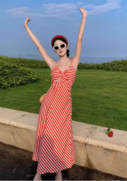 Dopamine Red & White Striped Brightening Maxi Dress Charming Twist Front Coastal Shoots Long Dress AP1388