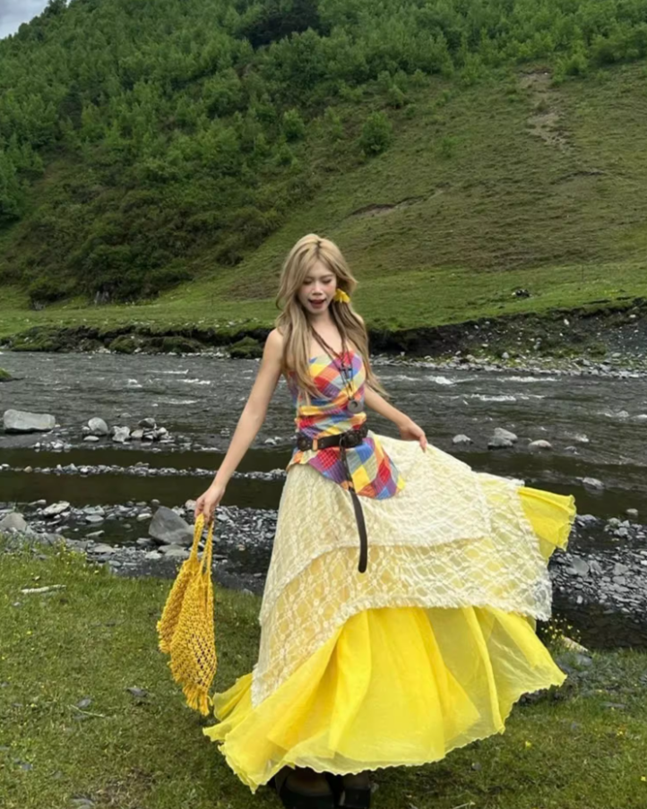 Dopamine Colorful Patchwork Top Maxi Dress Brightening Lace Layered Nature Shoots Long Dress AP1389