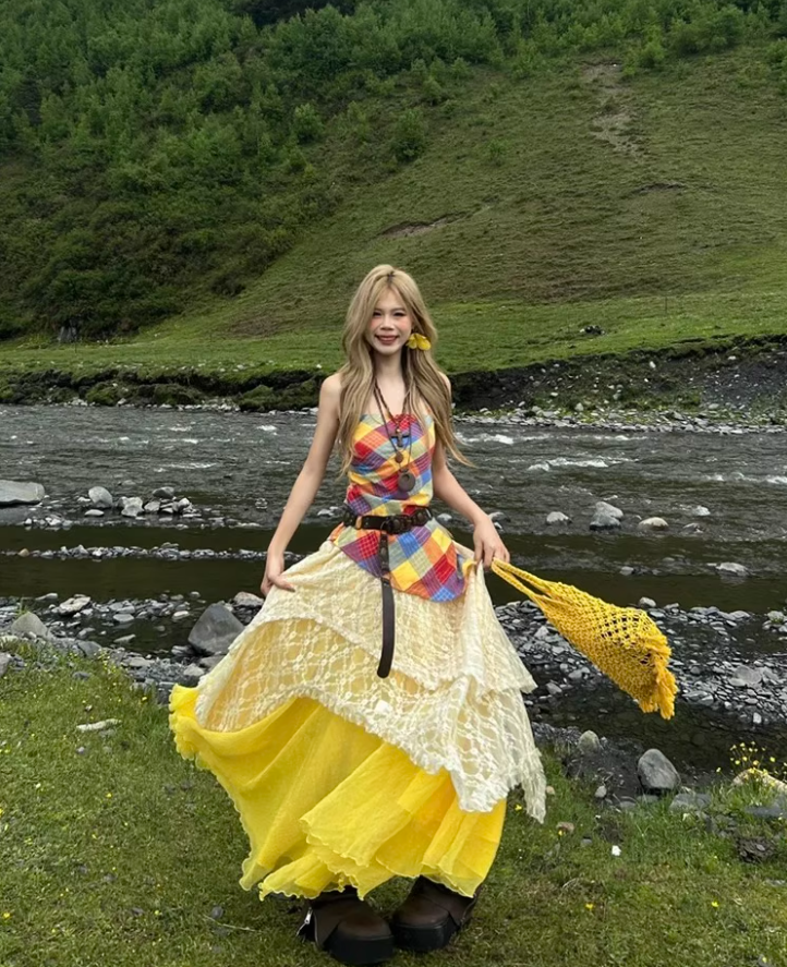 Dopamine Colorful Patchwork Top Maxi Dress Brightening Lace Layered Nature Shoots Long Dress AP1389