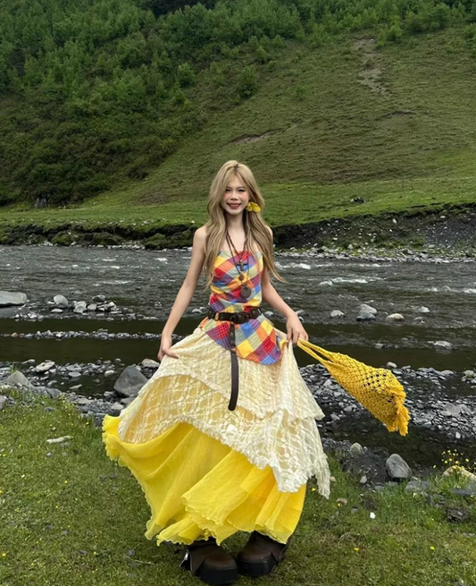 Dopamine Colorful Patchwork Top Maxi Dress Brightening Lace Layered Nature Shoots Long Dress AP1389