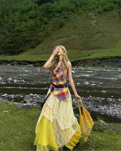 Dopamine Colorful Patchwork Top Maxi Dress Brightening Lace Layered Nature Shoots Long Dress AP1389