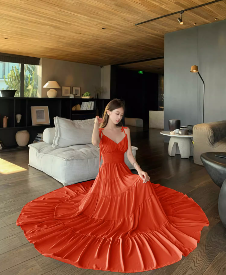 Vibrant Red Adjustable Strap Maxi Dress Brightening Nature Shoots Sweetheart Neck Flowy Long Dress AP1390