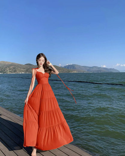 Vibrant Red Adjustable Strap Maxi Dress Brightening Nature Shoots Sweetheart Neck Flowy Long Dress AP1390