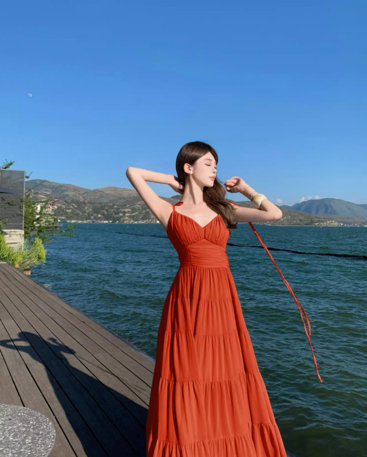 Vibrant Red Adjustable Strap Maxi Dress Brightening Nature Shoots Sweetheart Neck Flowy Long Dress AP1390