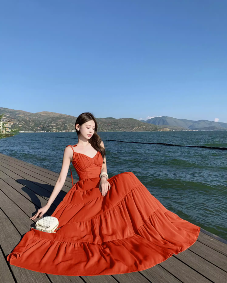 Vibrant Red Adjustable Strap Maxi Dress Brightening Nature Shoots Sweetheart Neck Flowy Long Dress AP1390