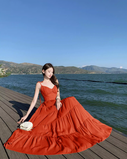 Vibrant Red Adjustable Strap Maxi Dress Brightening Nature Shoots Sweetheart Neck Flowy Long Dress AP1390