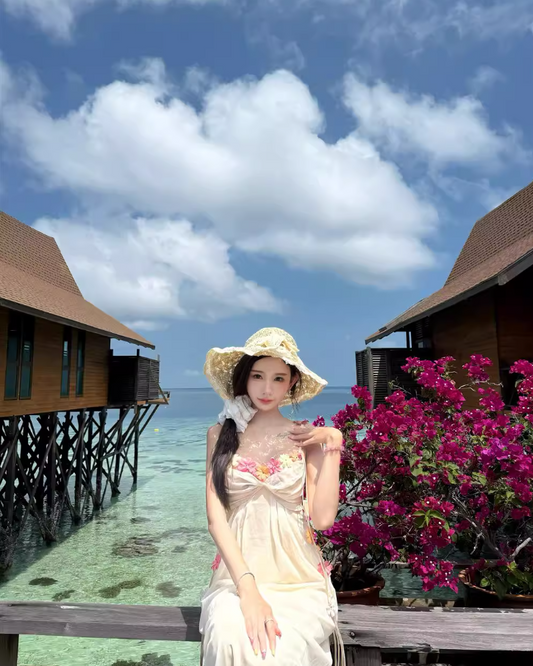 Dreamy 3D Floral Design Spaghetti Strap Maxi Dress Chic Nature Shoots Ruched Flowy Long Dress AP1391