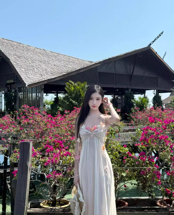 Dreamy 3D Floral Design Spaghetti Strap Maxi Dress Chic Nature Shoots Ruched Flowy Long Dress AP1391