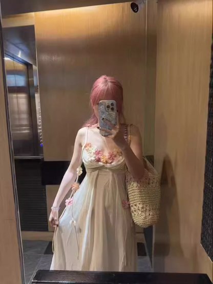 Dreamy 3D Floral Design Spaghetti Strap Maxi Dress Chic Nature Shoots Ruched Flowy Long Dress AP1391