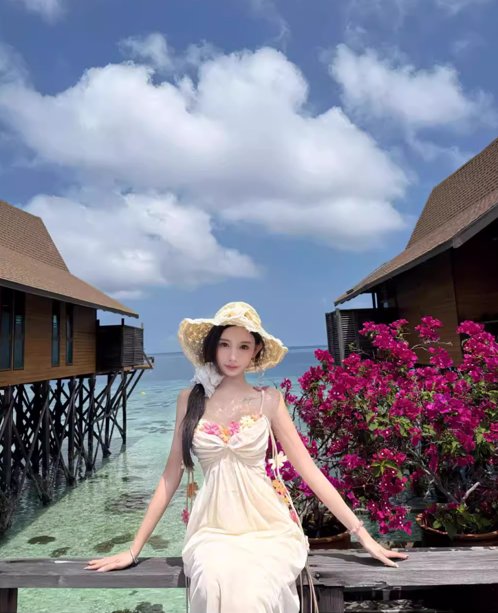 Dreamy 3D Floral Design Spaghetti Strap Maxi Dress Chic Nature Shoots Ruched Flowy Long Dress AP1391