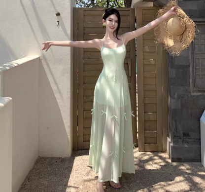 Dreamy Bow-Knot Design Spaghetti Strap Maxi Dress Classical Nature Shoots Flowy Tulle Overlay Long Dress AP1392