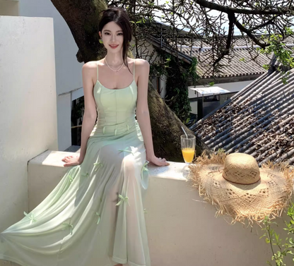 Dreamy Bow-Knot Design Spaghetti Strap Maxi Dress Classical Nature Shoots Flowy Tulle Overlay Long Dress AP1392
