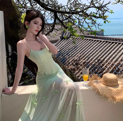 Dreamy Bow-Knot Design Spaghetti Strap Maxi Dress Classical Nature Shoots Flowy Tulle Overlay Long Dress AP1392