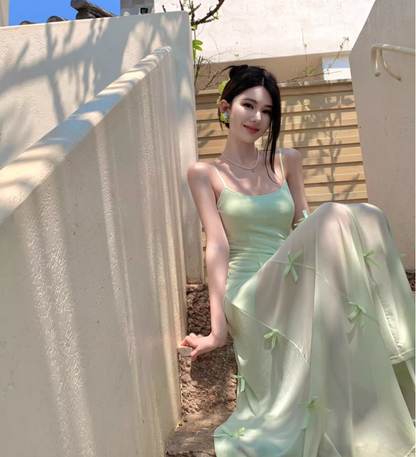 Dreamy Bow-Knot Design Spaghetti Strap Maxi Dress Classical Nature Shoots Flowy Tulle Overlay Long Dress AP1392