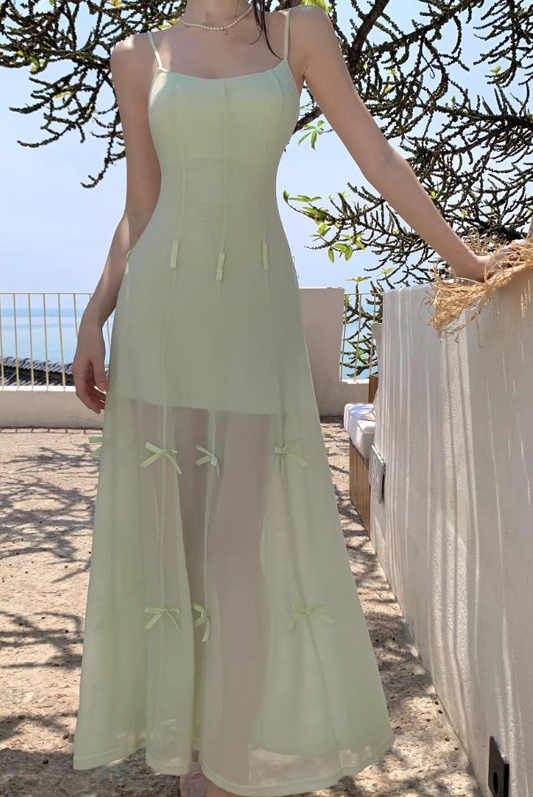 Dreamy Bow-Knot Design Spaghetti Strap Maxi Dress Classical Nature Shoots Flowy Tulle Overlay Long Dress AP1392
