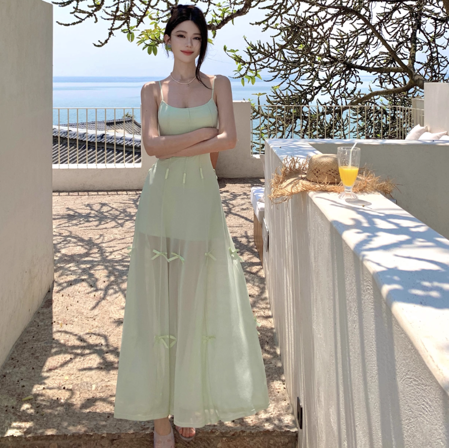 Dreamy Bow-Knot Design Spaghetti Strap Maxi Dress Classical Nature Shoots Flowy Tulle Overlay Long Dress AP1392