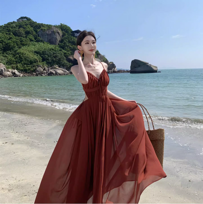 Sexy Red Spaghetti Strap Maxi Dress Charming Nature Shoots Flowy Natural Ruched Long Dress AP1393