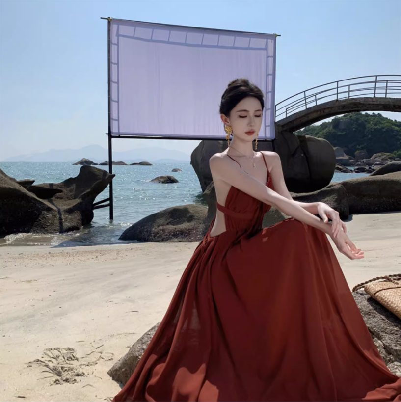 Sexy Red Spaghetti Strap Maxi Dress Charming Nature Shoots Flowy Natural Ruched Long Dress AP1393