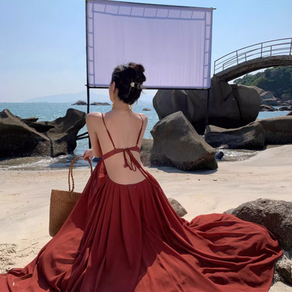 Sexy Red Spaghetti Strap Maxi Dress Charming Nature Shoots Flowy Natural Ruched Long Dress AP1393