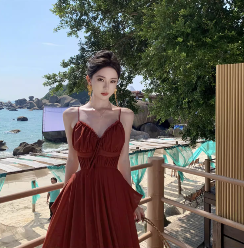 Sexy Red Spaghetti Strap Maxi Dress Charming Nature Shoots Flowy Natural Ruched Long Dress AP1393