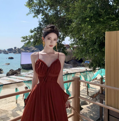 Sexy Red Spaghetti Strap Maxi Dress Charming Nature Shoots Flowy Natural Ruched Long Dress AP1393