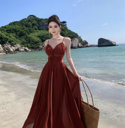 Sexy Red Spaghetti Strap Maxi Dress Charming Nature Shoots Flowy Natural Ruched Long Dress AP1393
