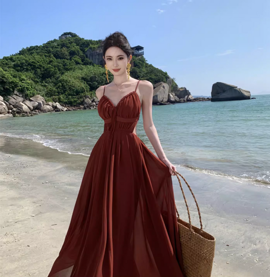 Sexy Red Spaghetti Strap Maxi Dress Charming Nature Shoots Flowy Natural Ruched Long Dress AP1393