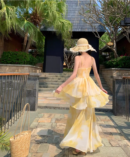 Cute Tie-Dye Spaghetti Strap Maxi Dress Chic Nature Shoots Flowy Tiered Hem Long Dress AP1394