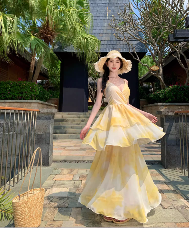 Cute Tie-Dye Spaghetti Strap Maxi Dress Chic Nature Shoots Flowy Tiered Hem Long Dress AP1394