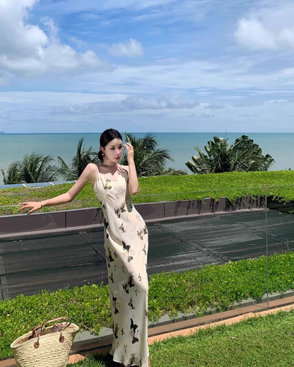 Romantic Soft Fabric Spaghetti Strap Maxi Dress Luxurious Butterflies Print Nature Shoots Long Dress AP1395