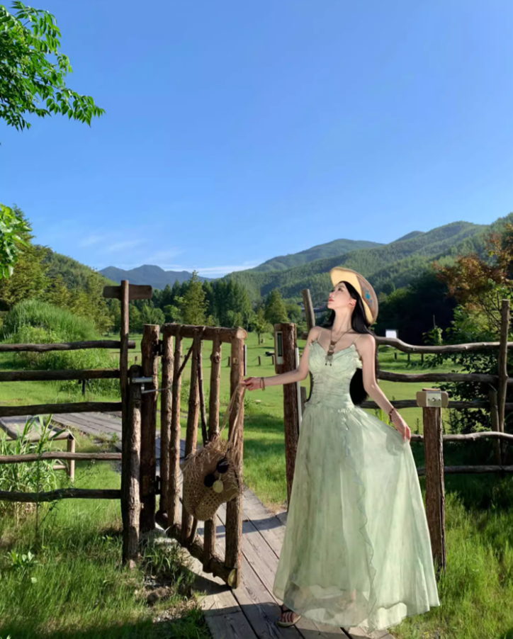 Dreamy Green Cinched-Waist Spaghetti Strap Maxi Dress Charming Ruffles Trimmed Nature Shoots Long Dress AP1396