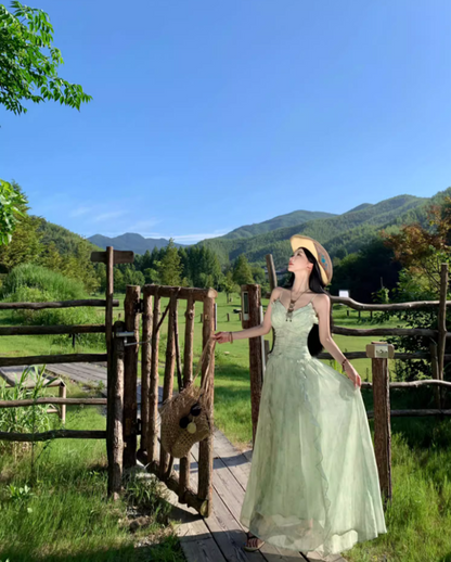 Dreamy Green Cinched-Waist Spaghetti Strap Maxi Dress Charming Ruffles Trimmed Nature Shoots Long Dress AP1396