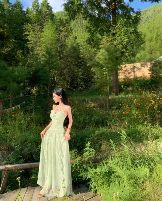 Dreamy Green Cinched-Waist Spaghetti Strap Maxi Dress Charming Ruffles Trimmed Nature Shoots Long Dress AP1396