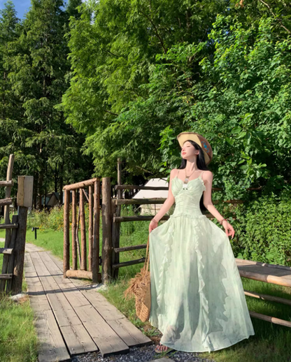 Dreamy Green Cinched-Waist Spaghetti Strap Maxi Dress Charming Ruffles Trimmed Nature Shoots Long Dress AP1396