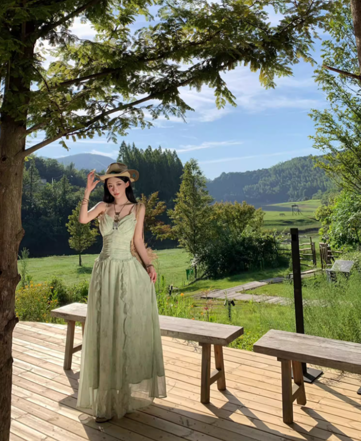 Dreamy Green Cinched-Waist Spaghetti Strap Maxi Dress Charming Ruffles Trimmed Nature Shoots Long Dress AP1396