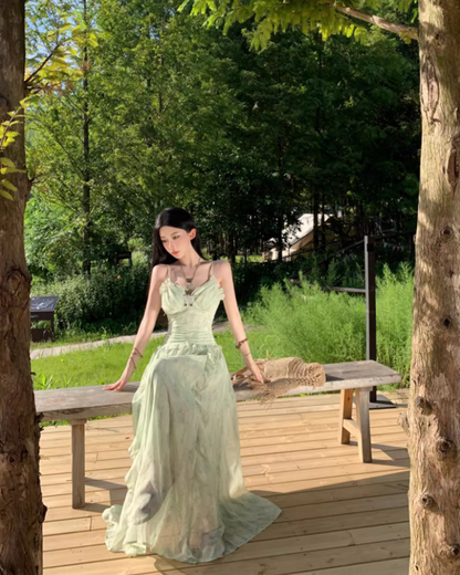 Dreamy Green Cinched-Waist Spaghetti Strap Maxi Dress Charming Ruffles Trimmed Nature Shoots Long Dress AP1396