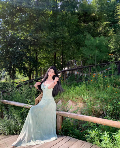 Dreamy Green Cinched-Waist Spaghetti Strap Maxi Dress Charming Ruffles Trimmed Nature Shoots Long Dress AP1396