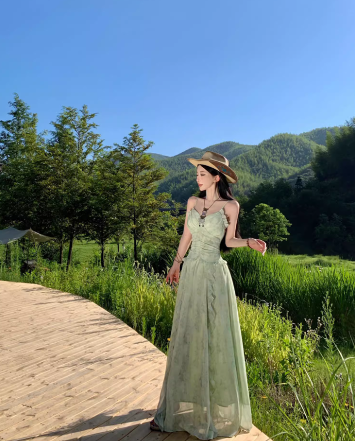 Dreamy Green Cinched-Waist Spaghetti Strap Maxi Dress Charming Ruffles Trimmed Nature Shoots Long Dress AP1396